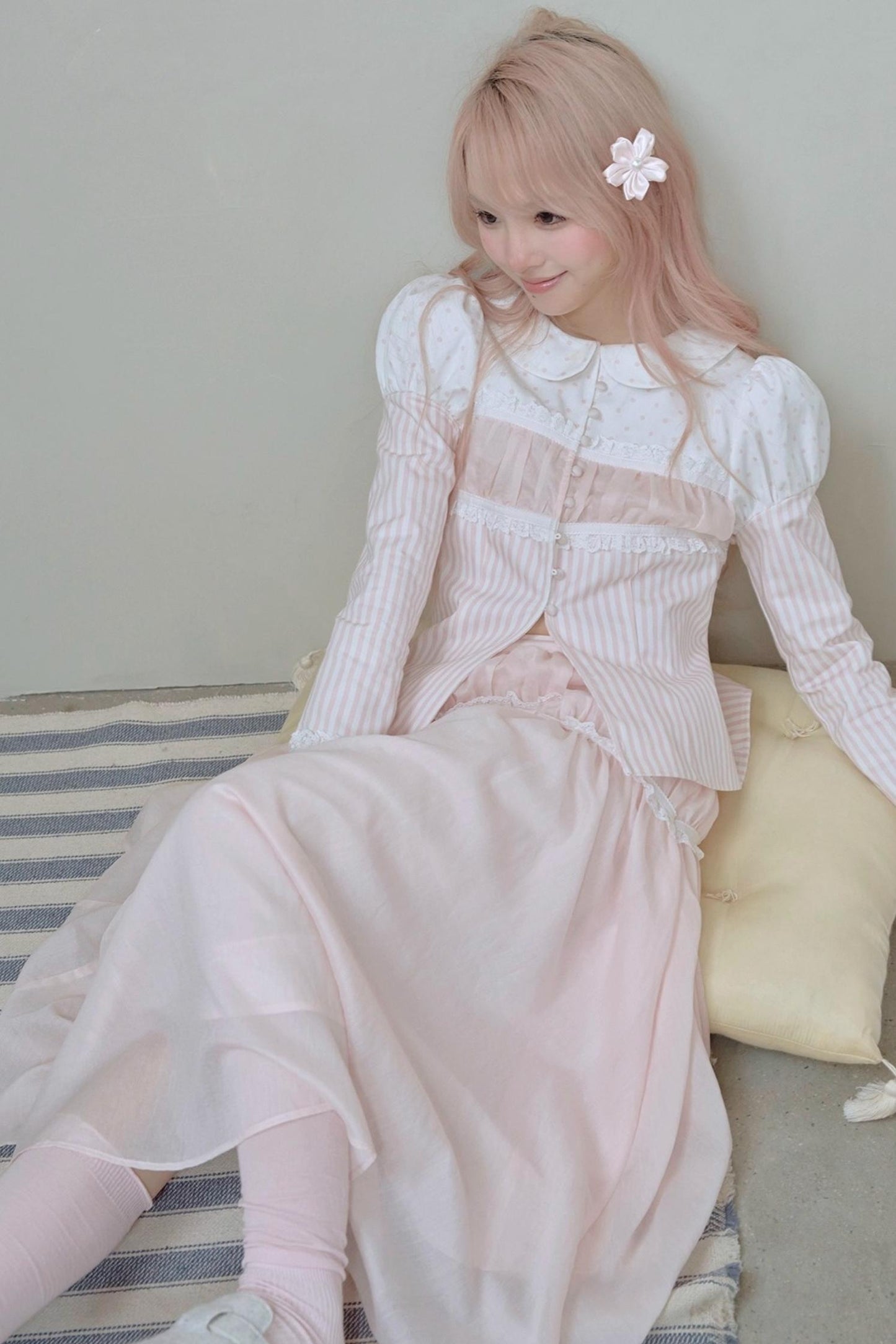 Doll Collar Stripe Lace Top