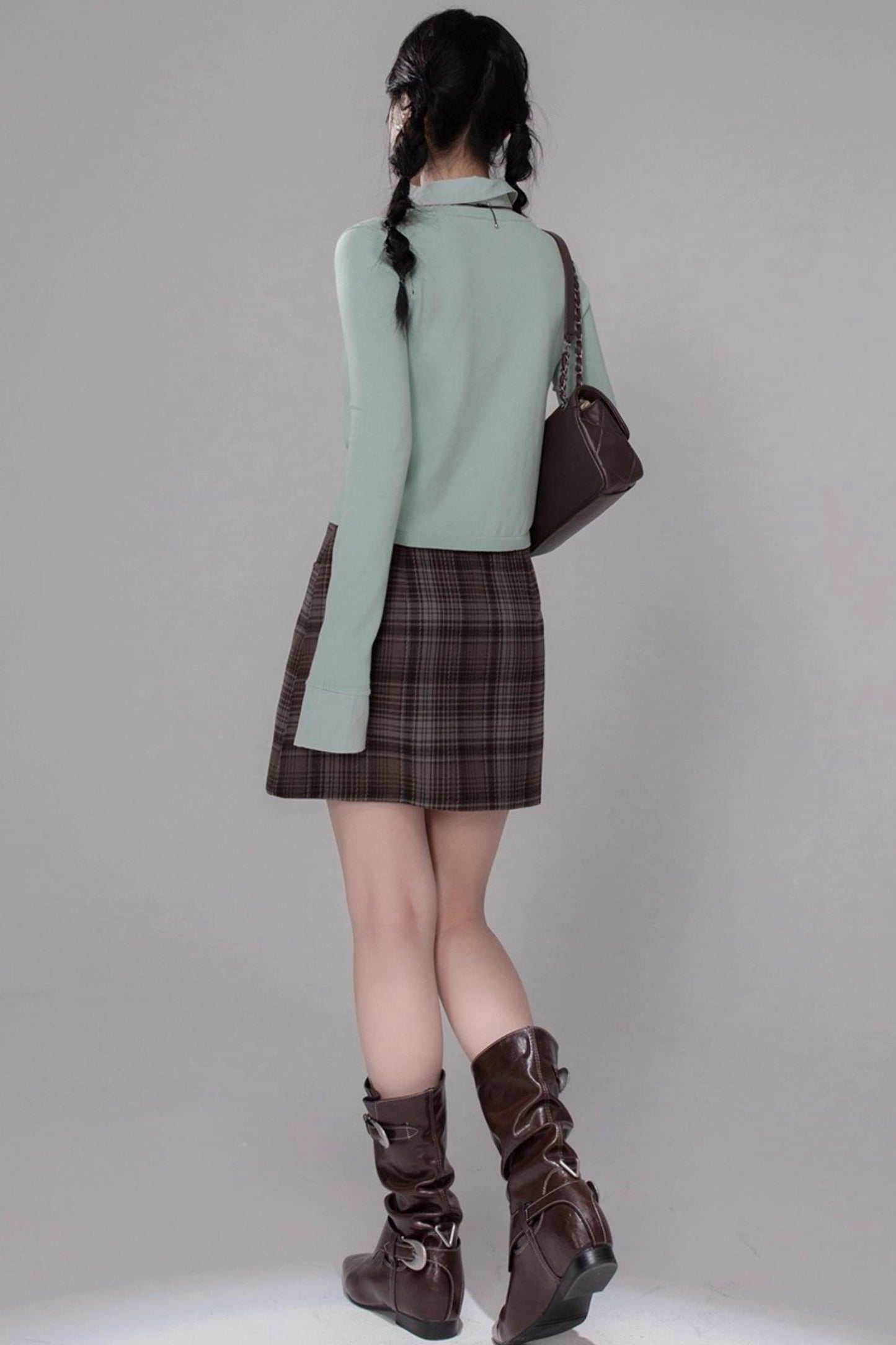 British Style Brushed Plaid With Belted Skirt