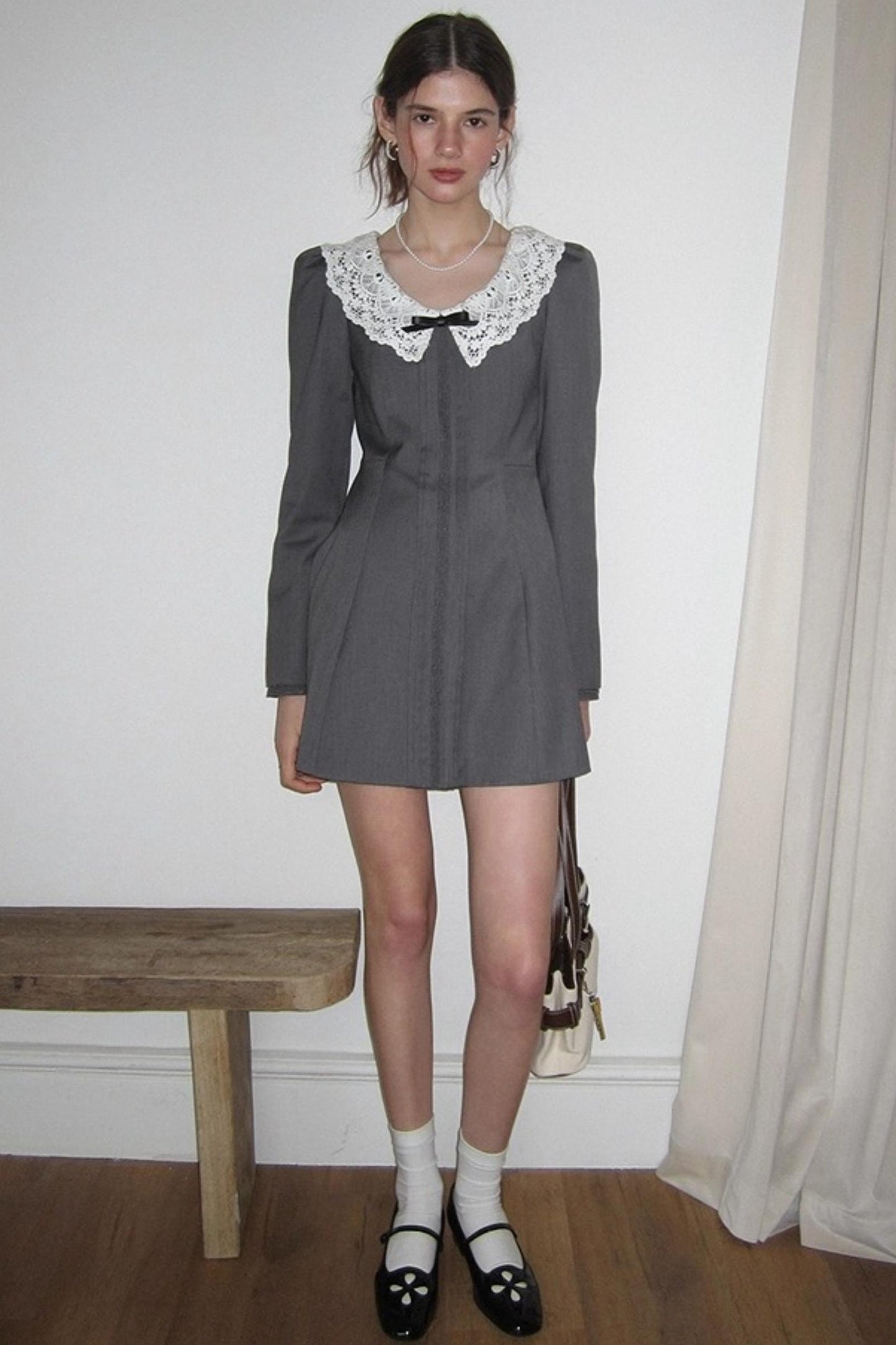 Grey Lace Bow Doll Dress