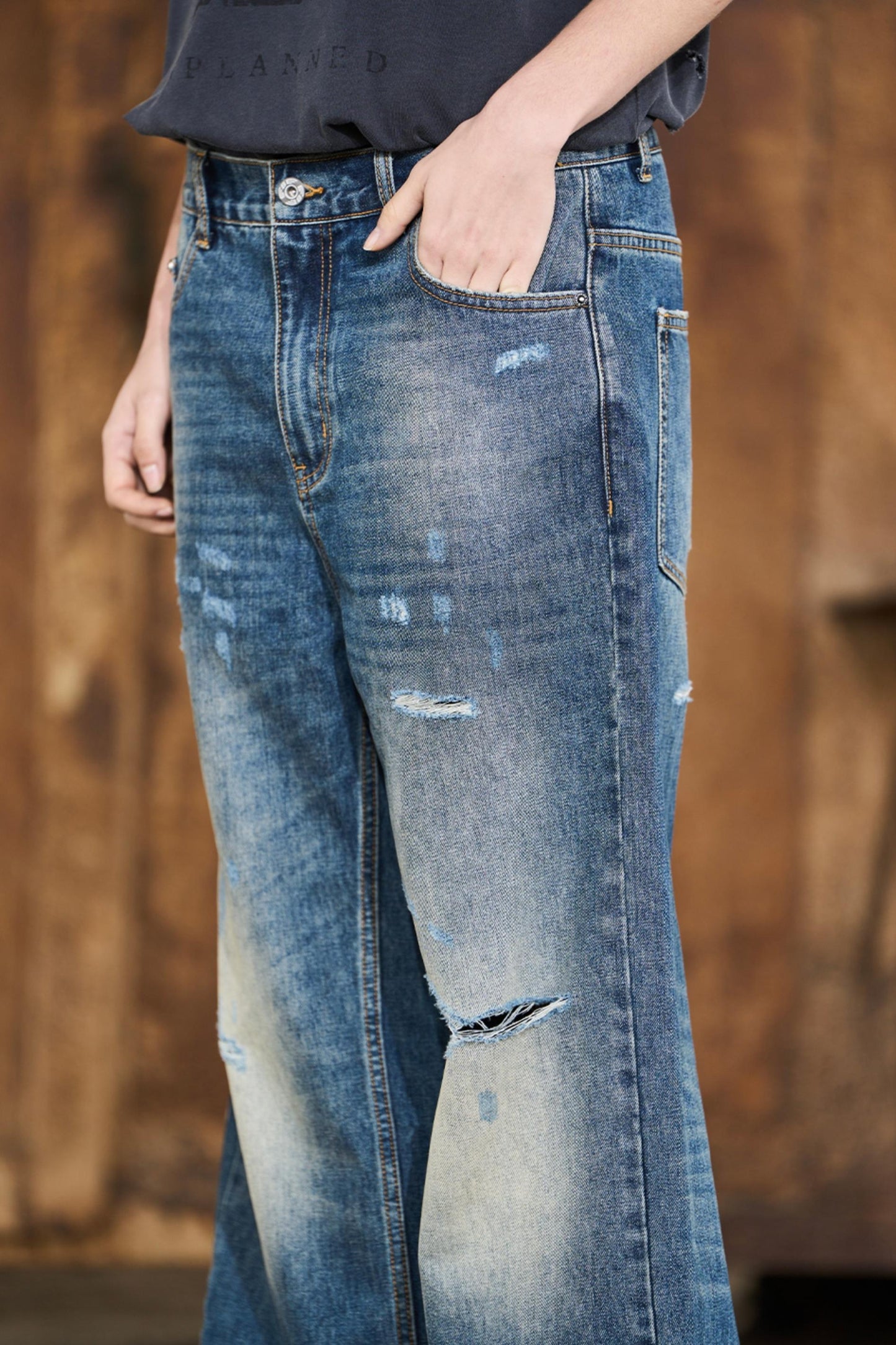 Ripped Straight-Leg Denim Pants