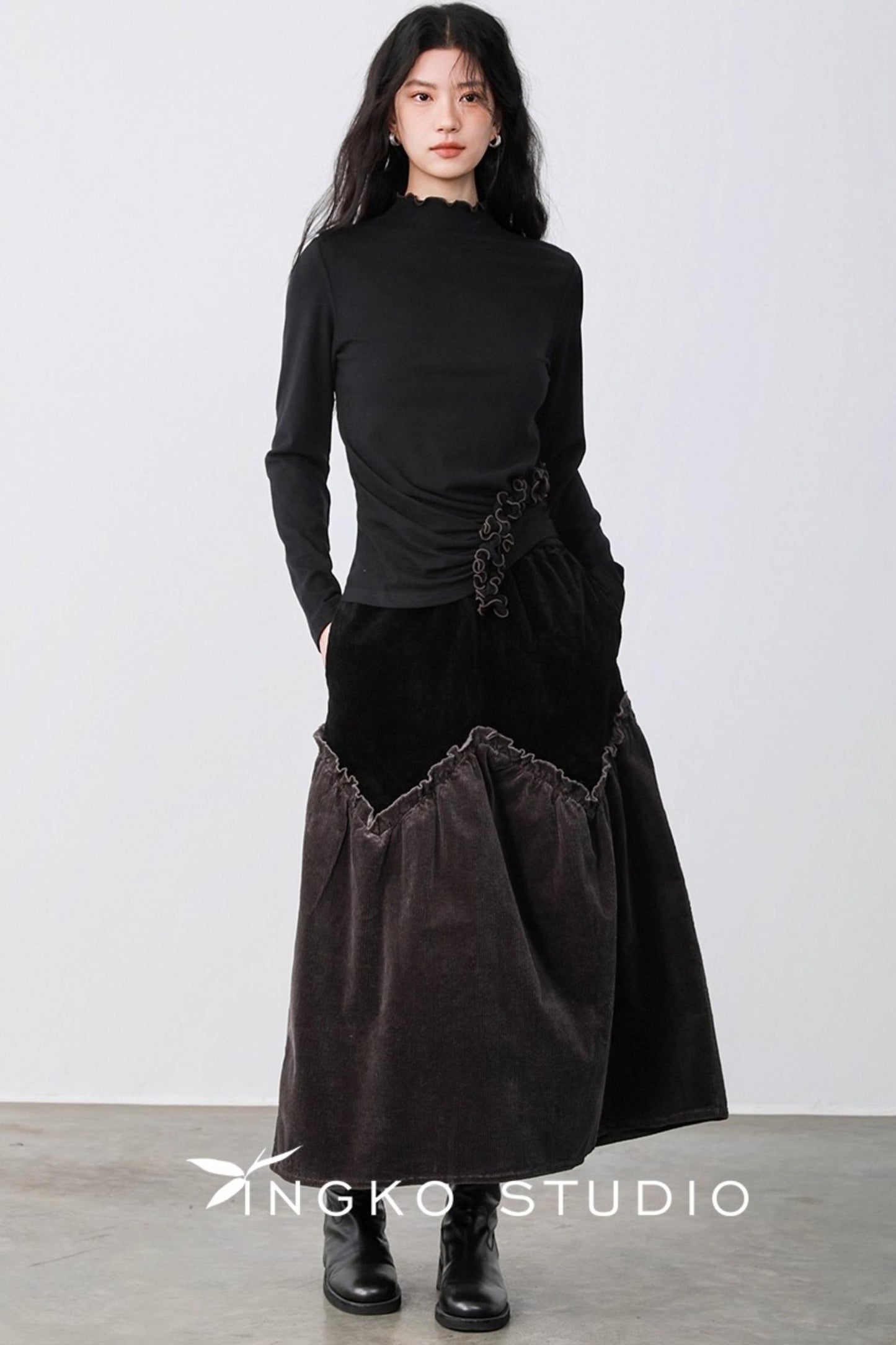 Gray Coffee Spliced Corduroy Skirt