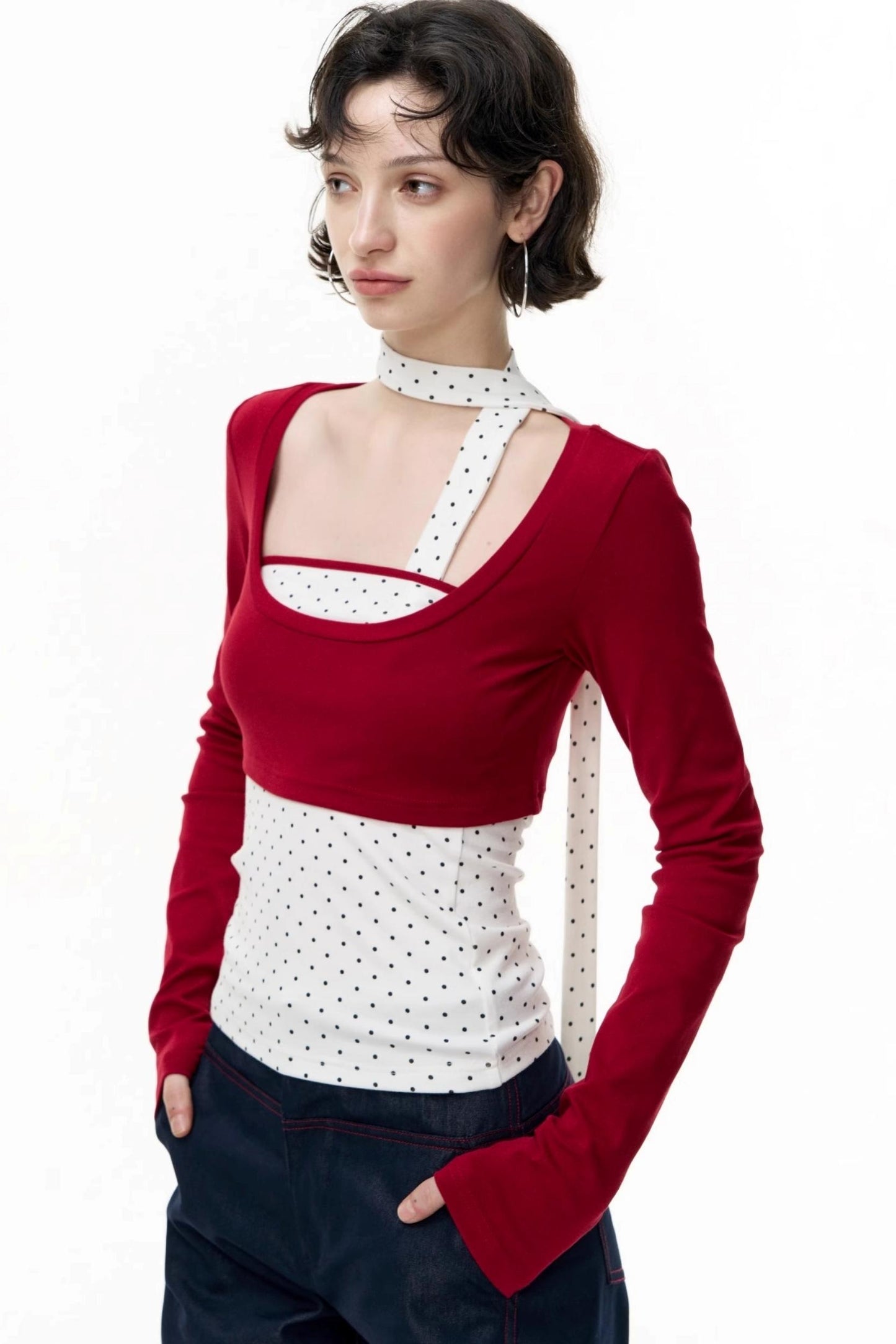 Contrast Long-Sleeved Top With Bandeau Set