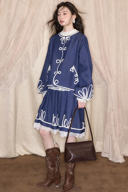 Embroidered Patchwork Denim A-Line Skirt