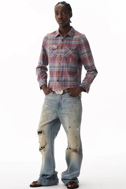 Exitmode Short Plaid Embroidered Shirt