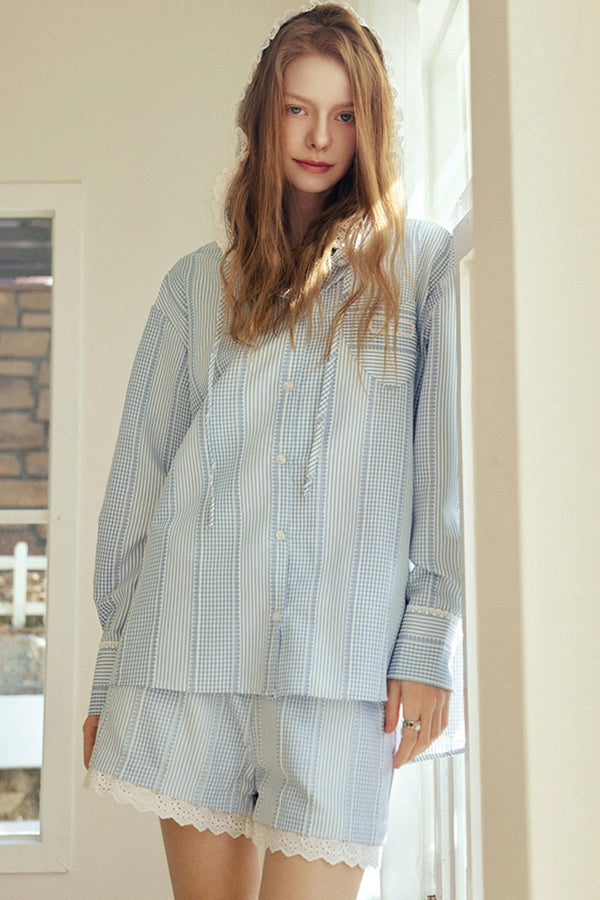 Blue Striped Lace Hoodie Set-Up