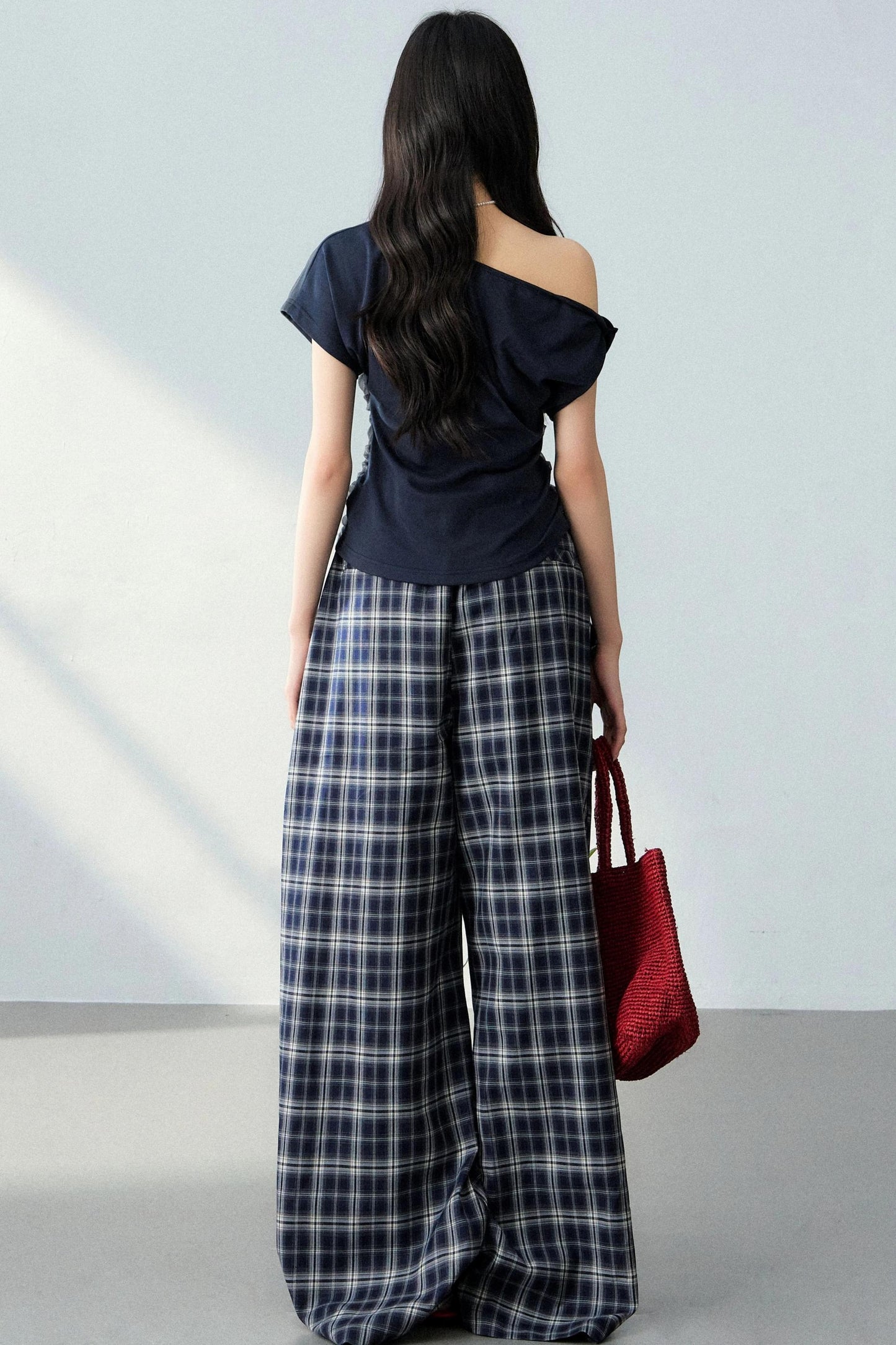 Asymmetrical Top and Plaid Pants Set-Up