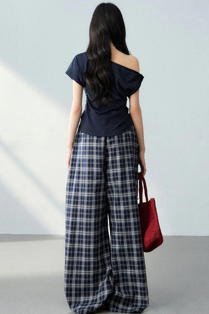Asymmetrical Top and Plaid Pants Set-Up