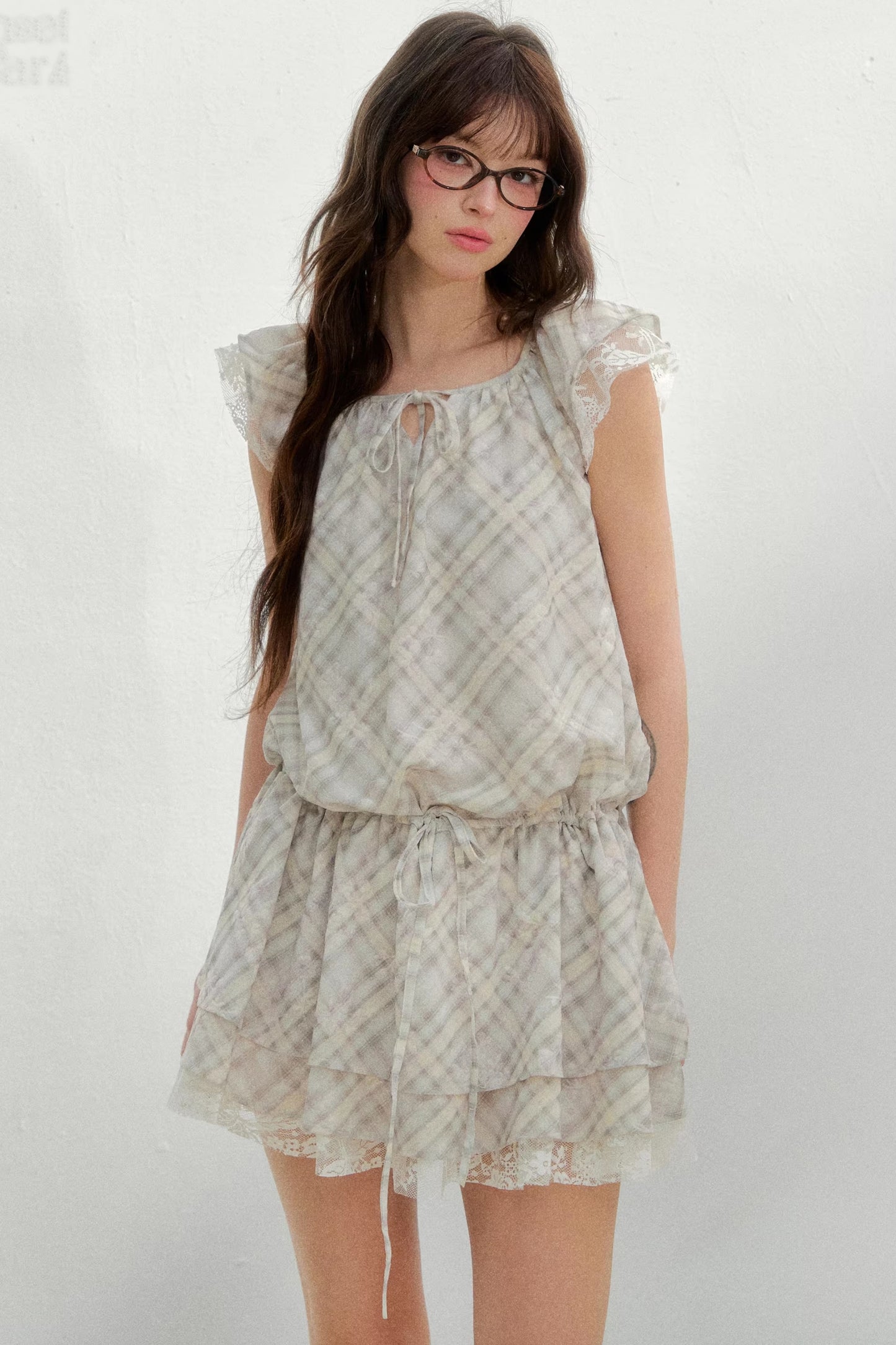 Plaid Flutter Sleeve Dress
