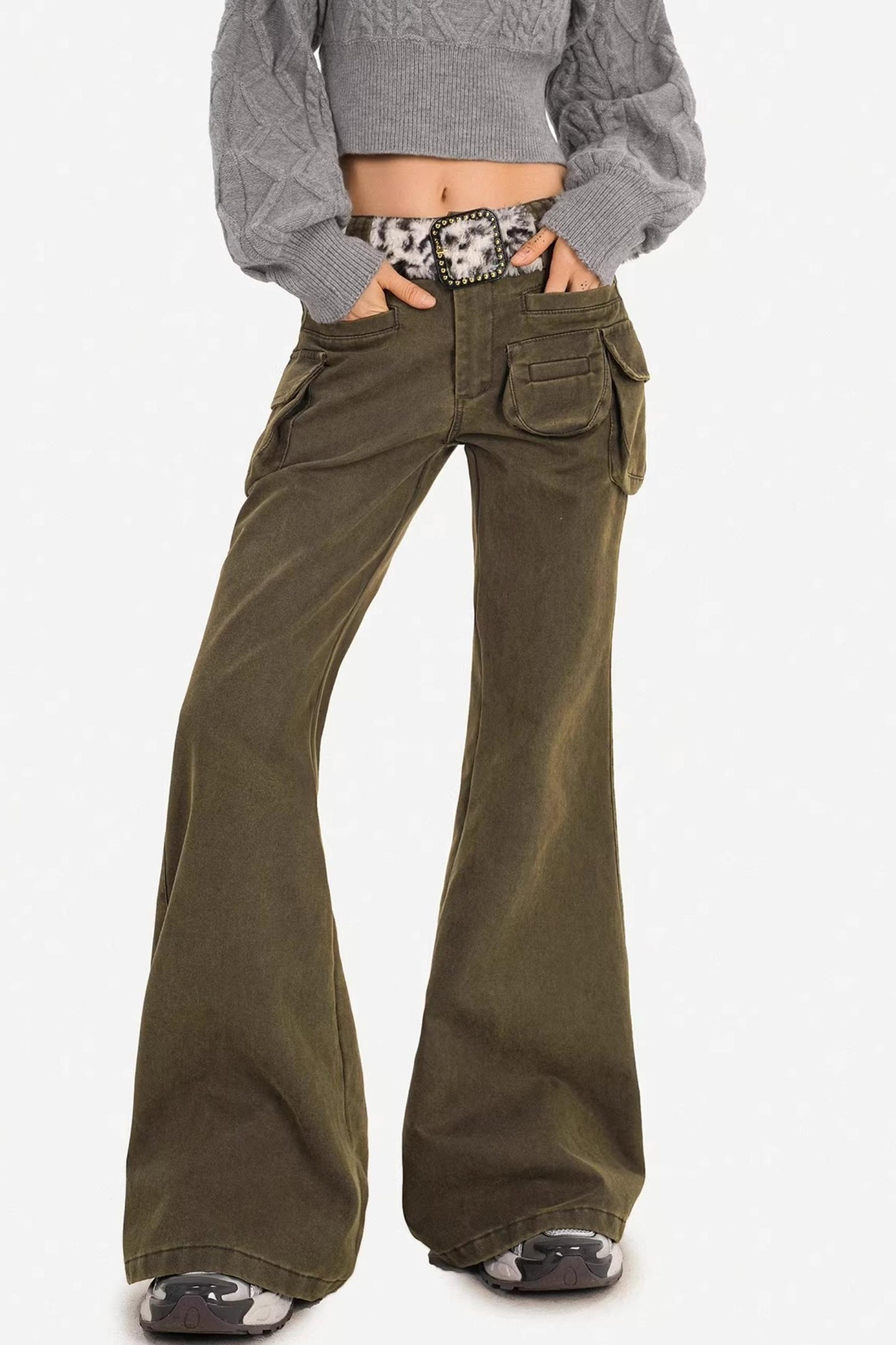 Retro Army Green Flared Pants