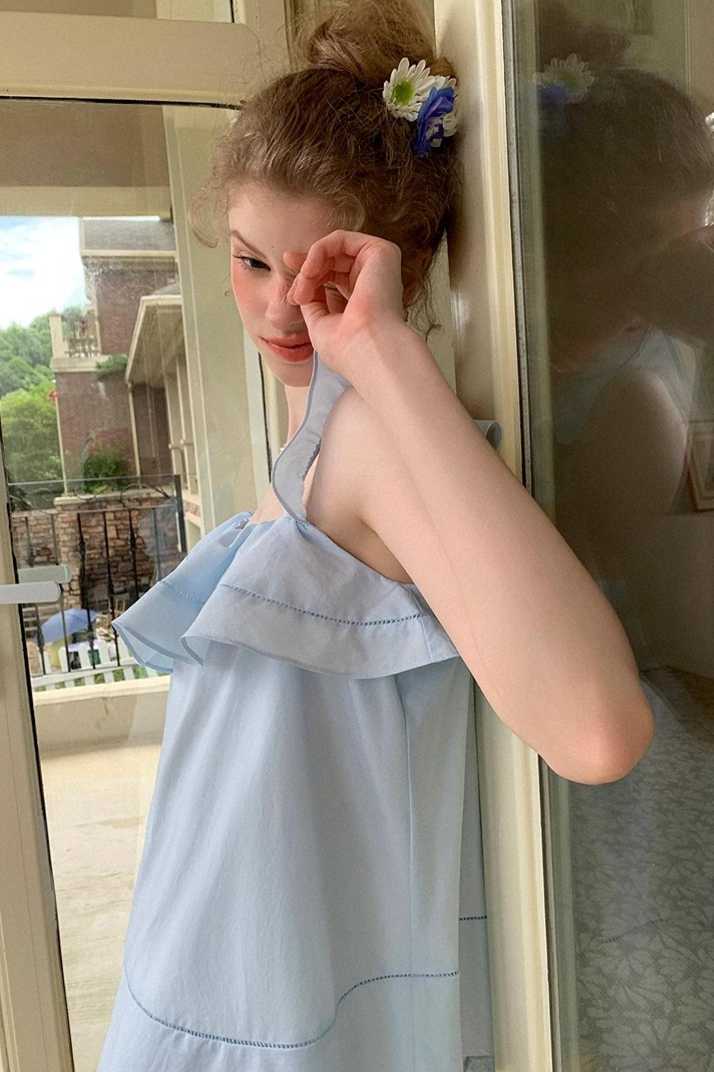 Blue Lace V-Neck Doll Top