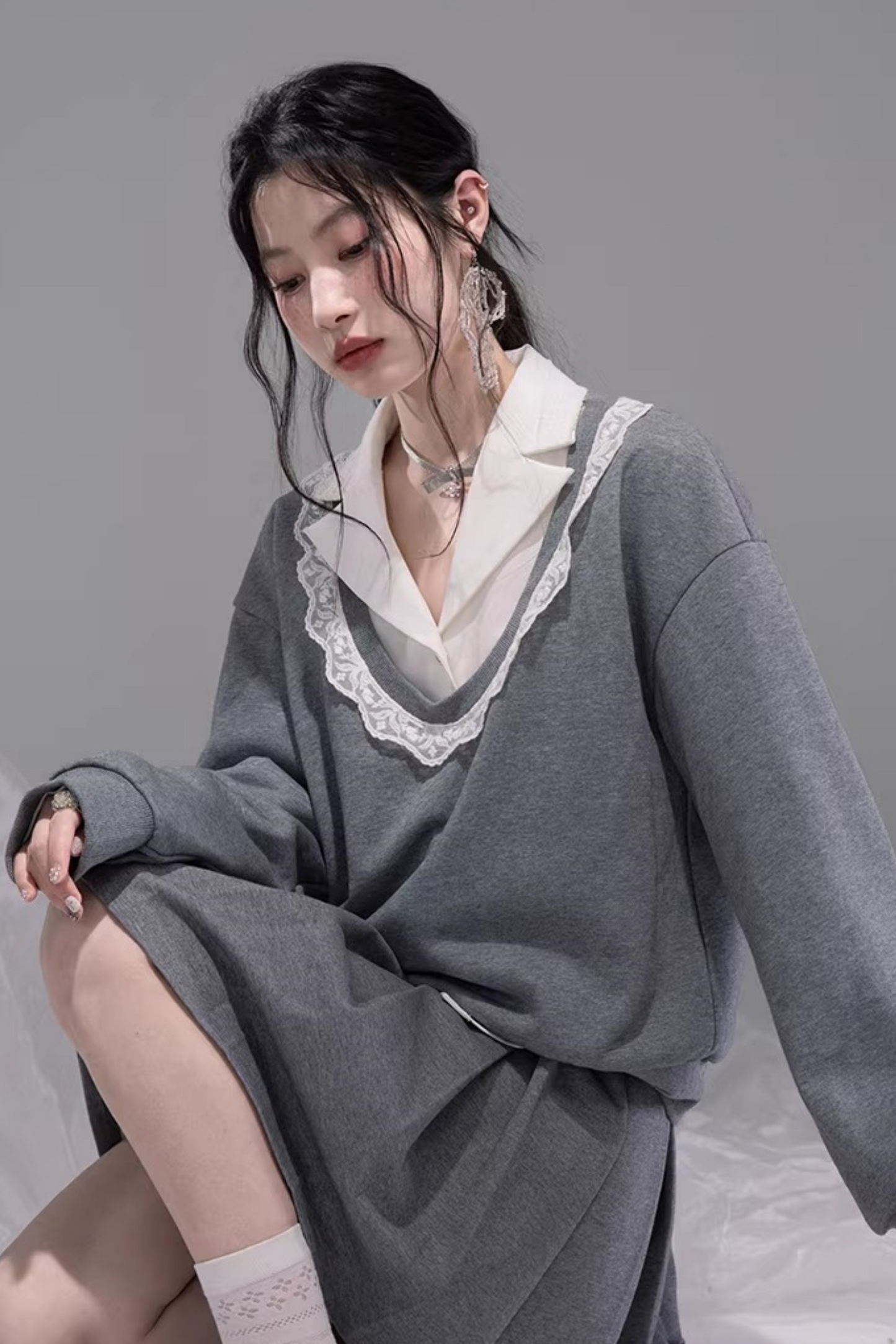 Chenwu Gray Pleated Skirt Sweatshirt Set