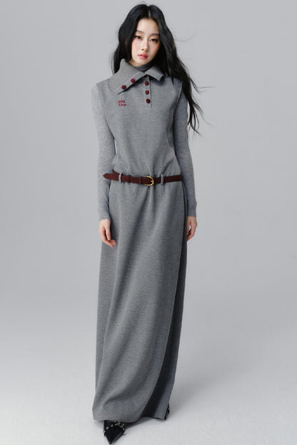 Polo Neck Gray Long Dress Set-up