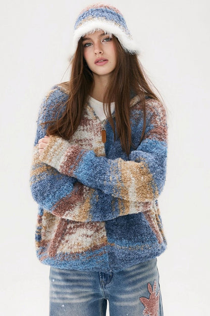 Blue Gradient Hooded Wool Cardigan