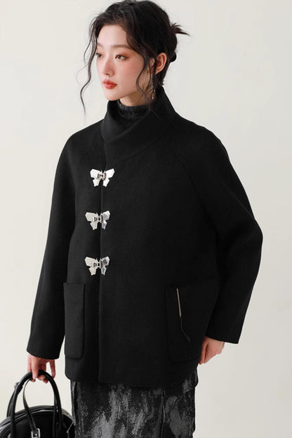 Black Woolen Butterfly Buckle Coat