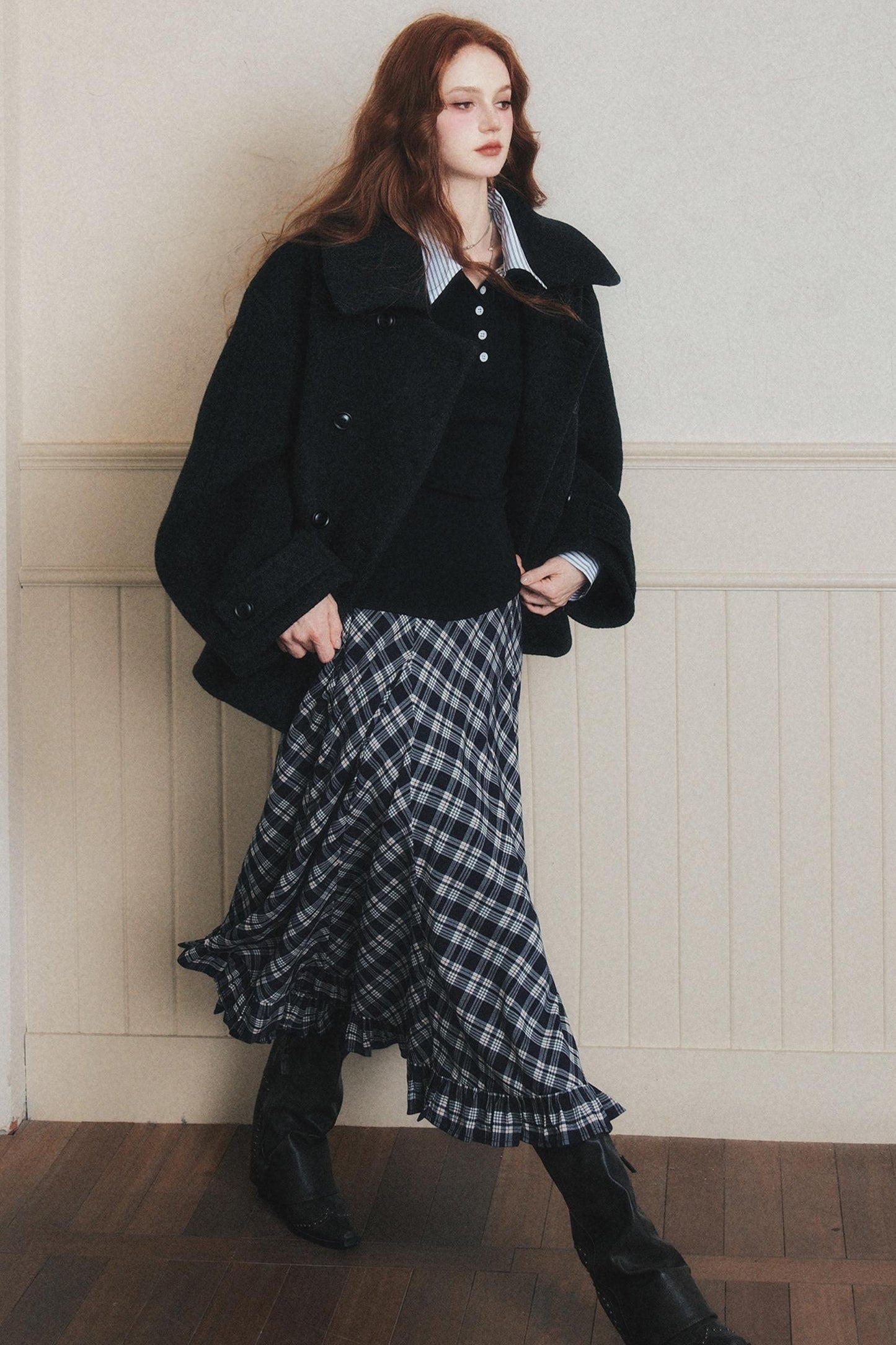 Navy Blue Check A-Line Swing Skirt
