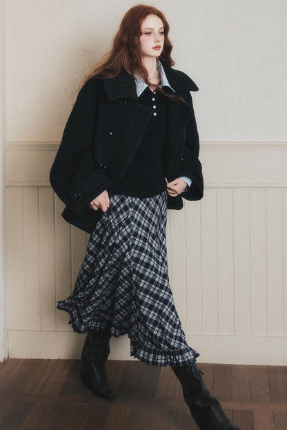 Navy Blue Check A-Line Swing Skirt