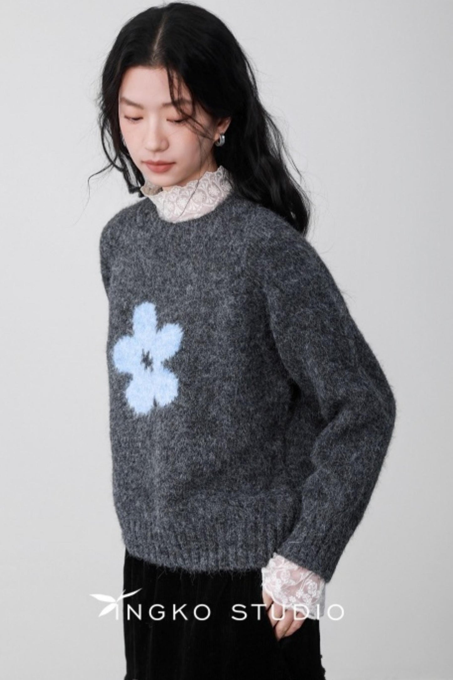 Fog Gray Floral Sweater