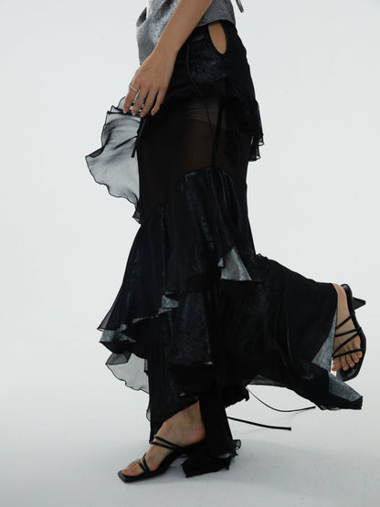 Black Ruffle Stitch Long Skirt