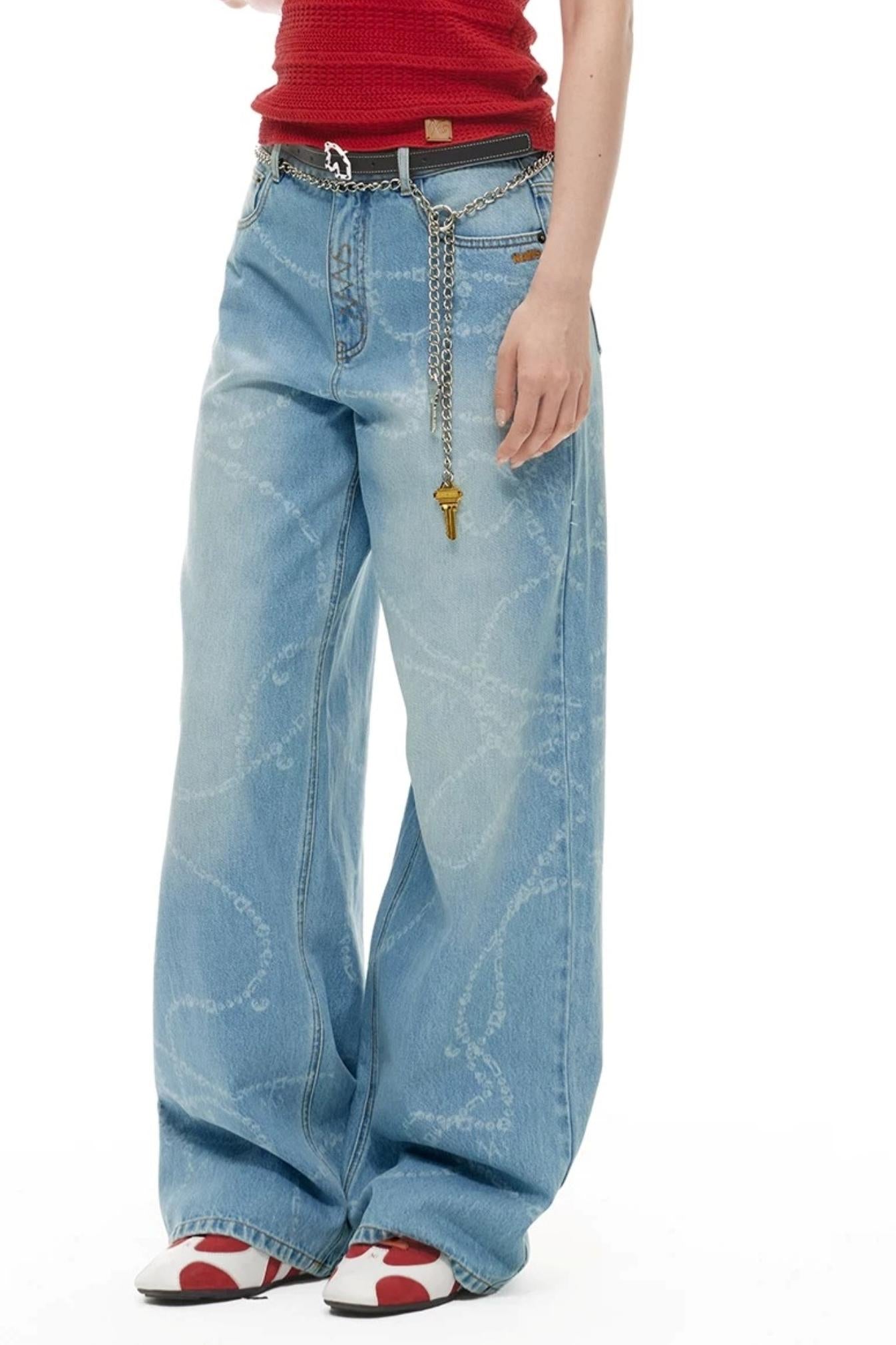 Washed Laser Print Denim Pants