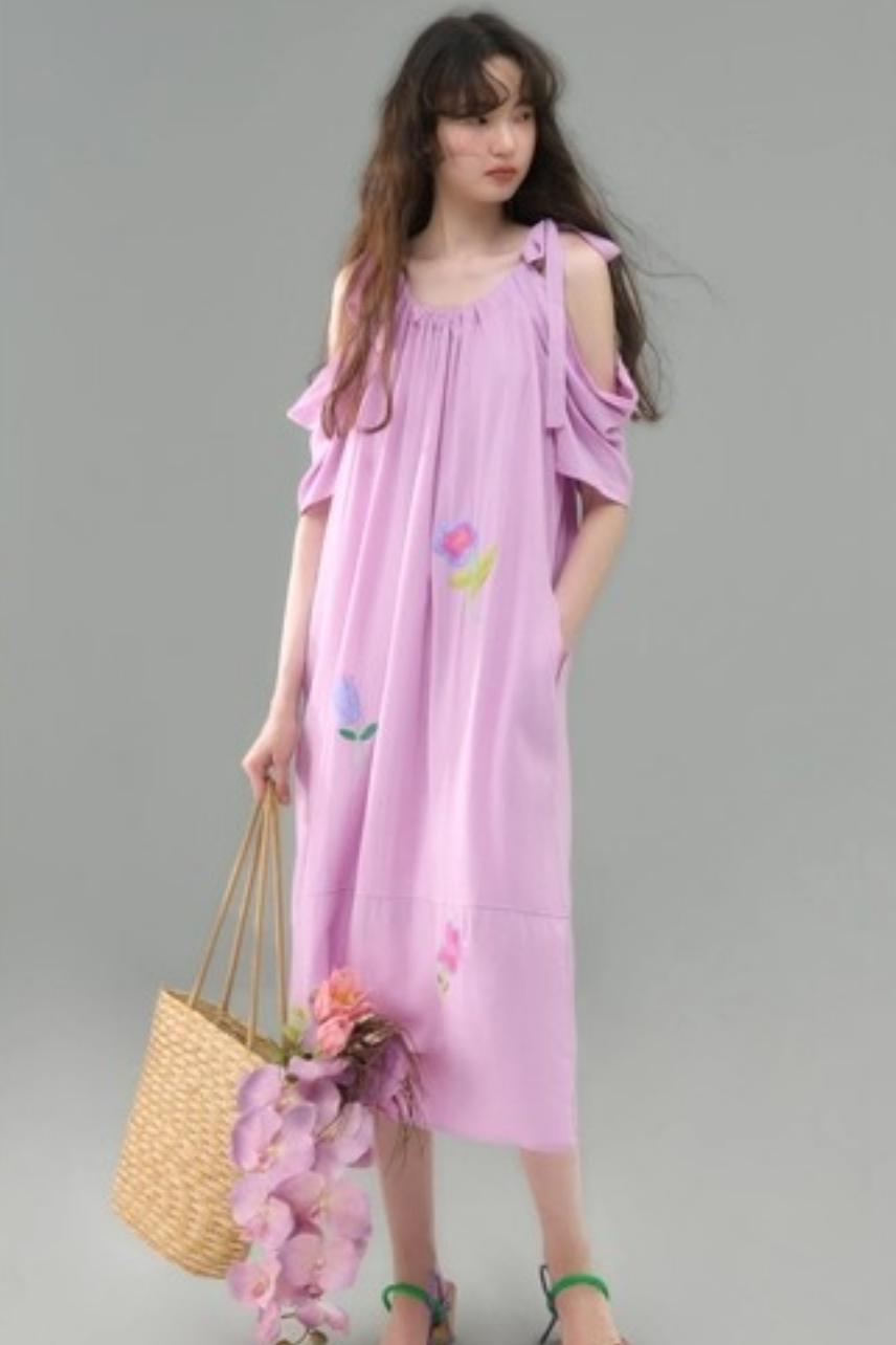 Sweet Peach Nectar Linen Embroidery Dress