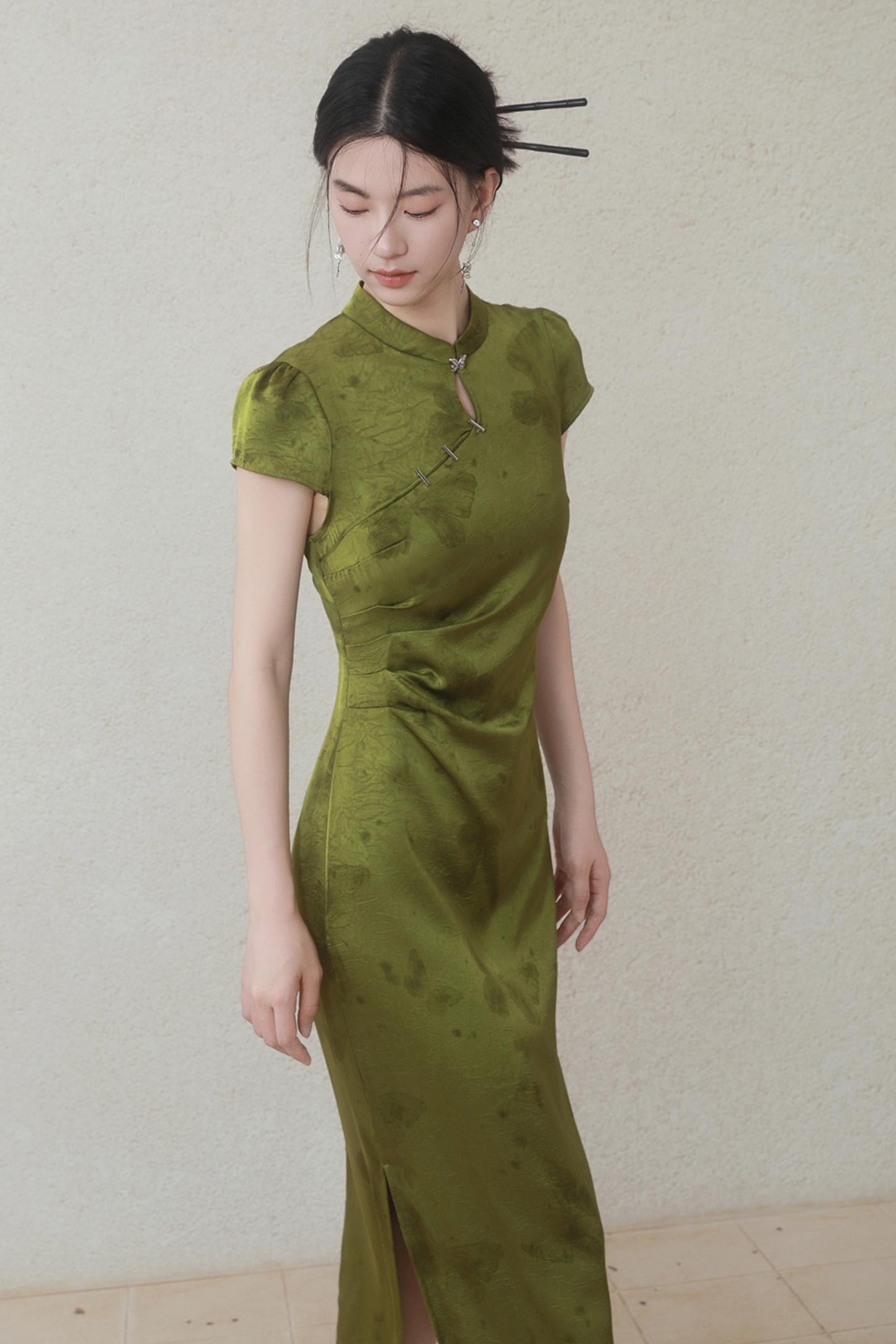 Summer Green Satin Cheongsam Dress