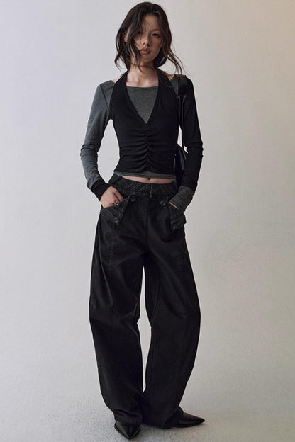 Striped Stitching Two-Piece Halterneck T-shirt