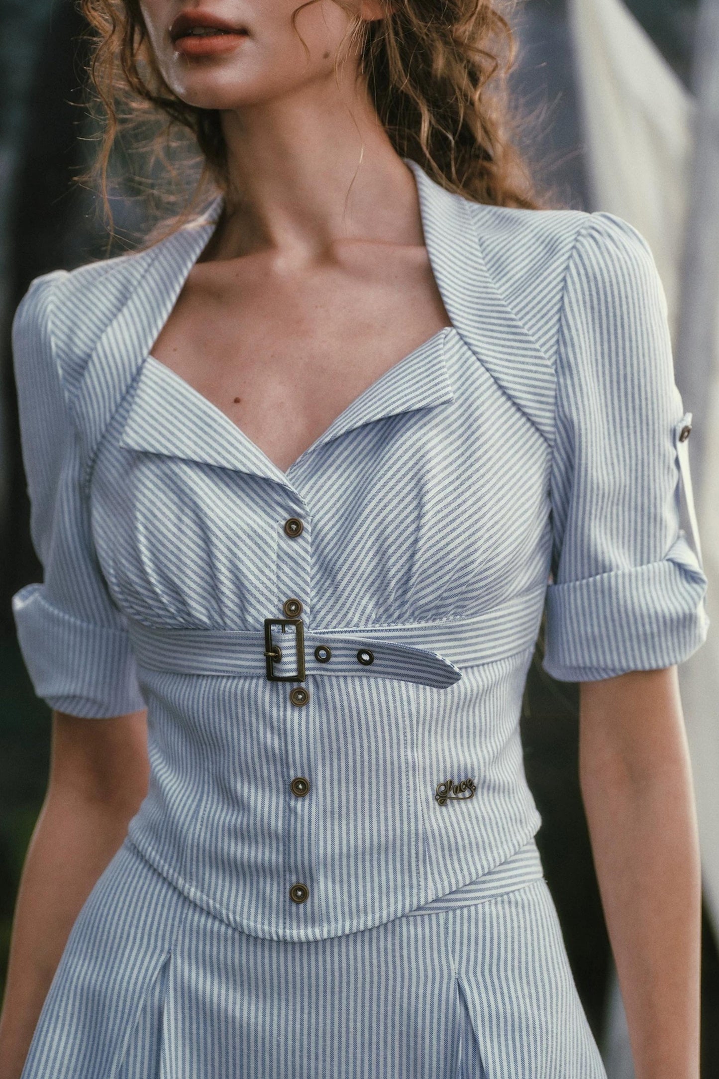 French Old Money Blue Shirt Skirt Set-Up