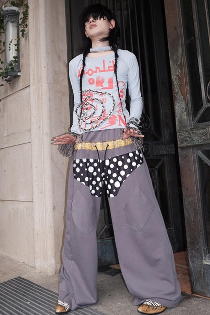 Multi-Waisted Polka Dot Wide-Leg Pants