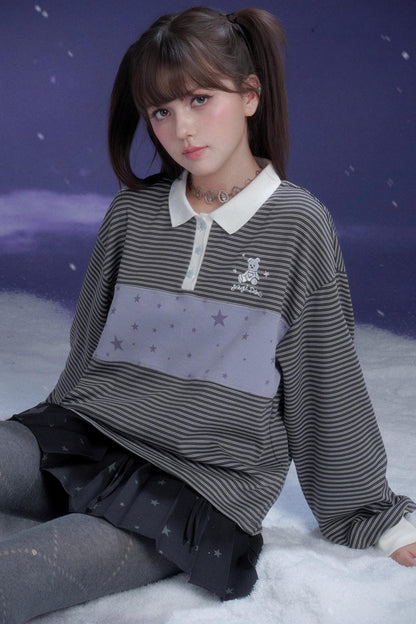 Gray-Purple Striped Polo Top