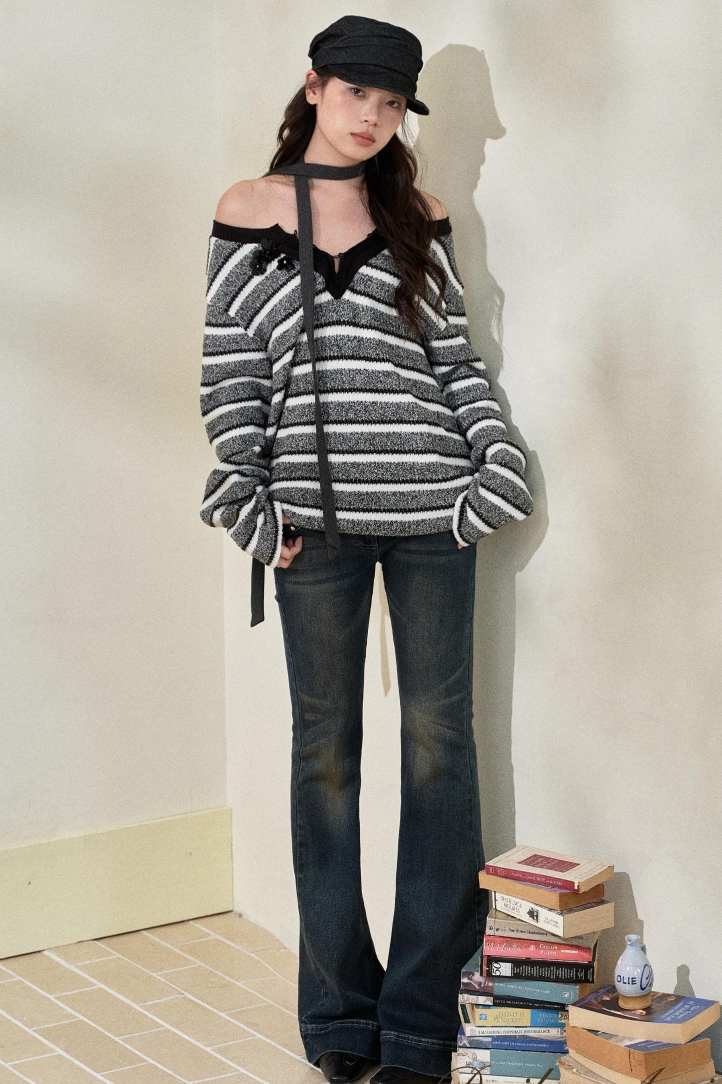 Striped V-Neck Knitted Top & Scarf Set