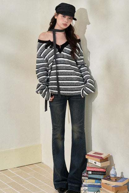 Striped V-Neck Knitted Top & Scarf Set