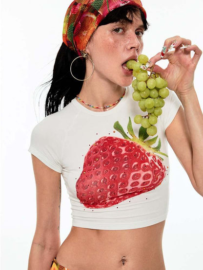 Summer Fruit Printed Tight Fit Short T-Shirt