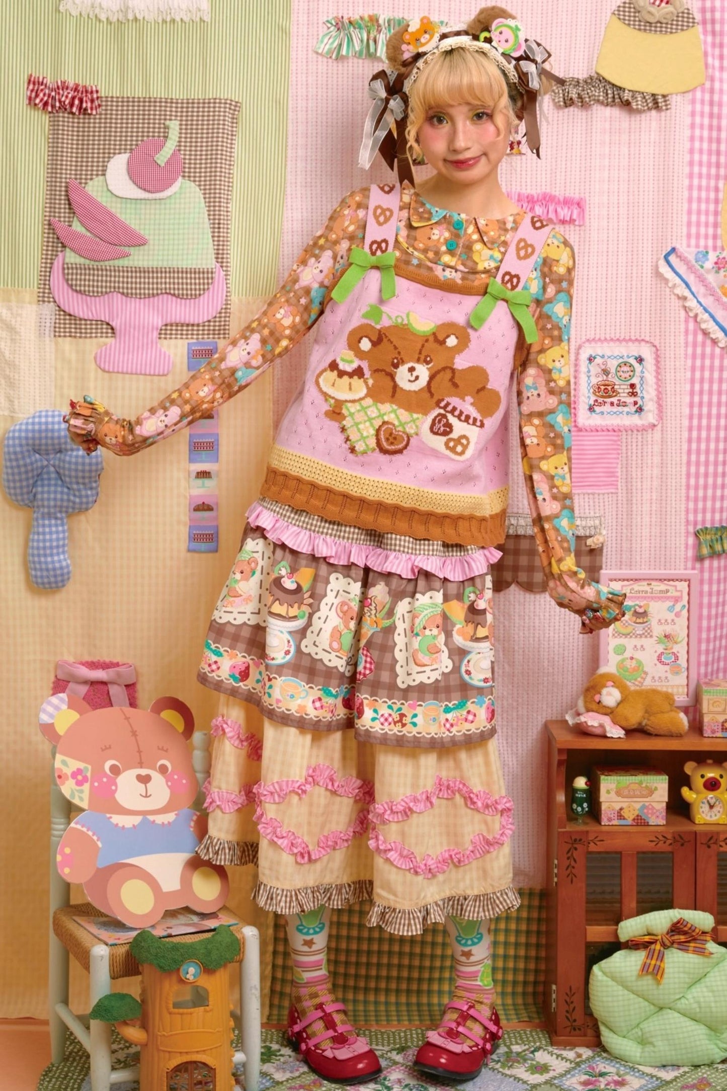 플래드 패치워크 레이스 레이어드 롱 스커트
