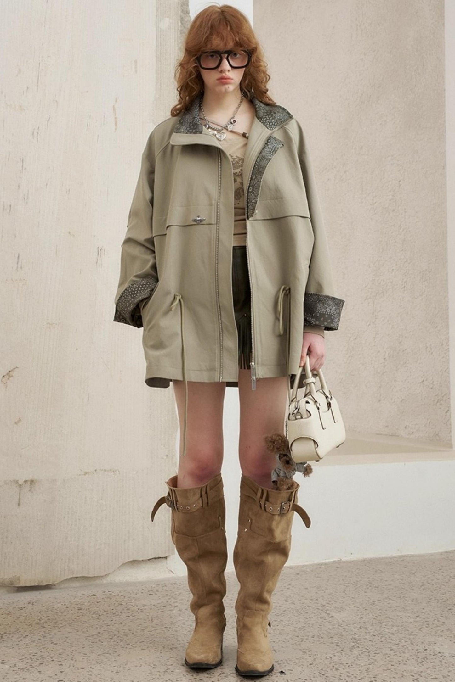 Contrast Windproof Drawstring Midi Trench Coat