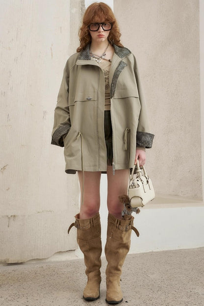 Contrast Windproof Drawstring Midi Trench Coat