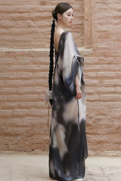 Chinese Ink Blended V-Neck Bat Sleeve Long Dress