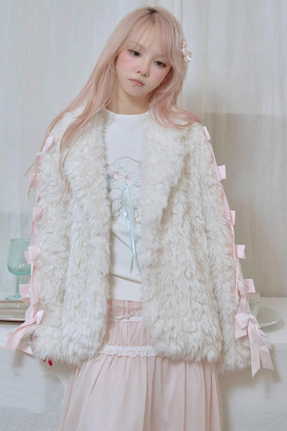 White Satin Bow Lamb Fur Coat