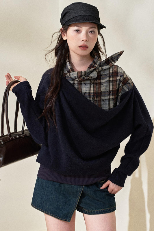 Blue Plaid Wool Fake Two-Piece Top