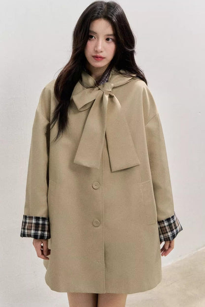 Vintage Bow Plaid Trench Coat