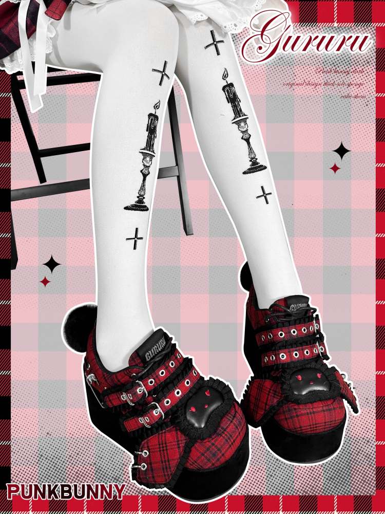 Y2K Black Rabbit Plaid Platform Shoes