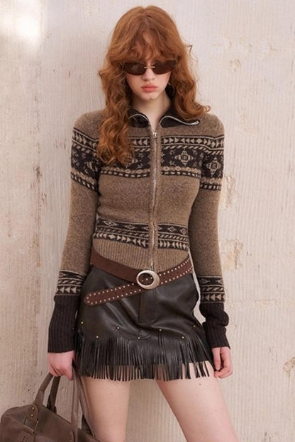 Stand-Up Collar Zip Knit Cardigan