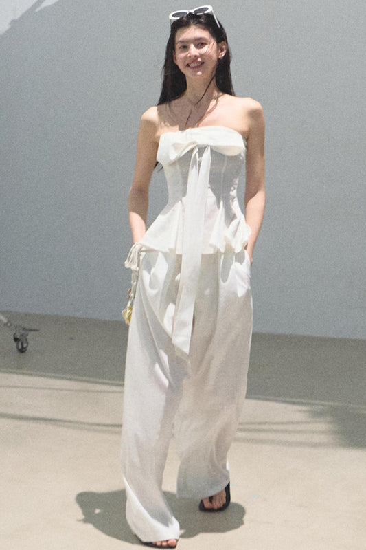 Eternal River Linen Bandeau Top & Wide-Leg Trousers Set-Up