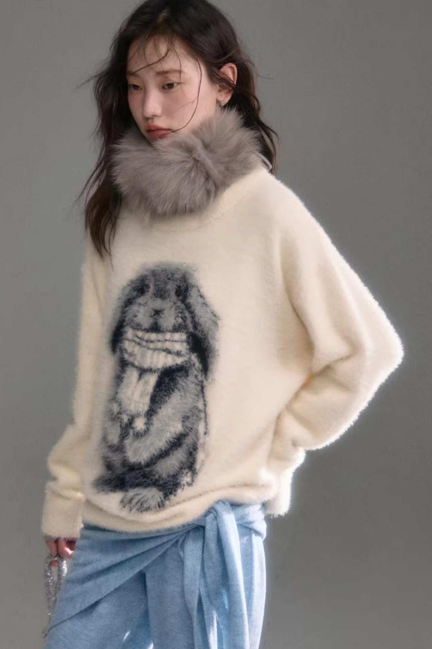 Color-Blocked Rabbit Jacquard Sweater