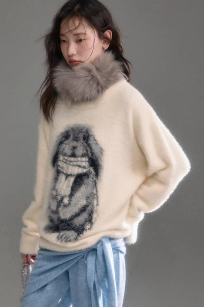Color-Blocked Rabbit Jacquard Sweater