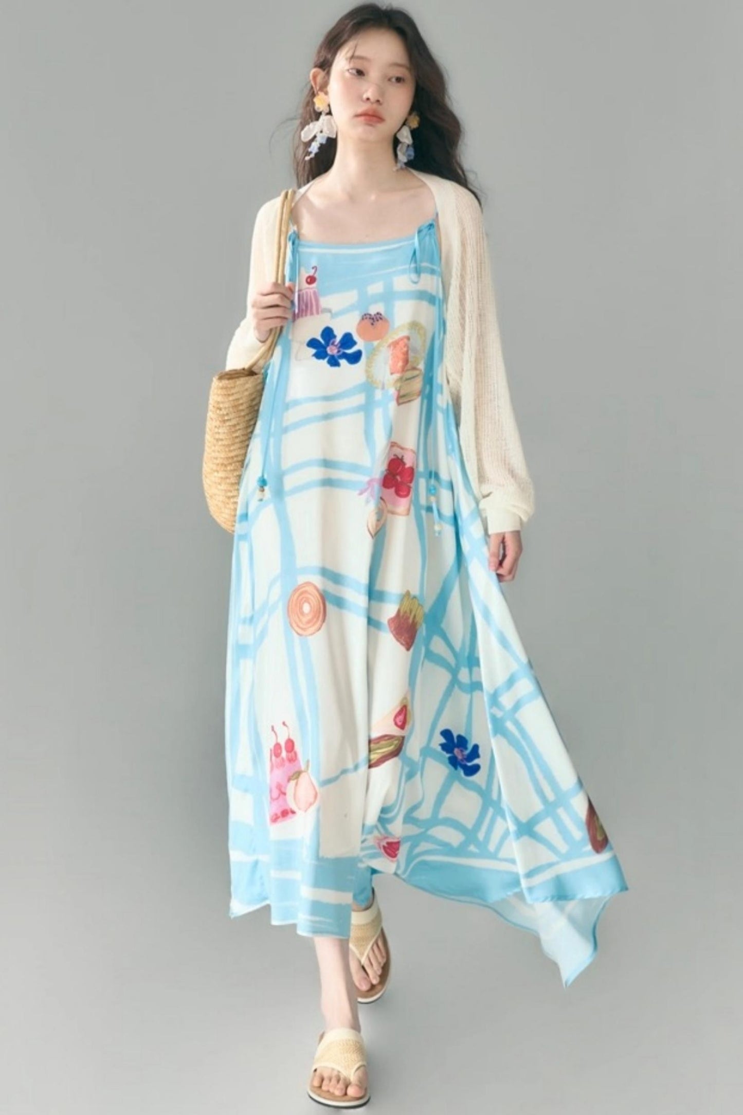 Bread Print Plaid Satin Slip Dress Set-Up