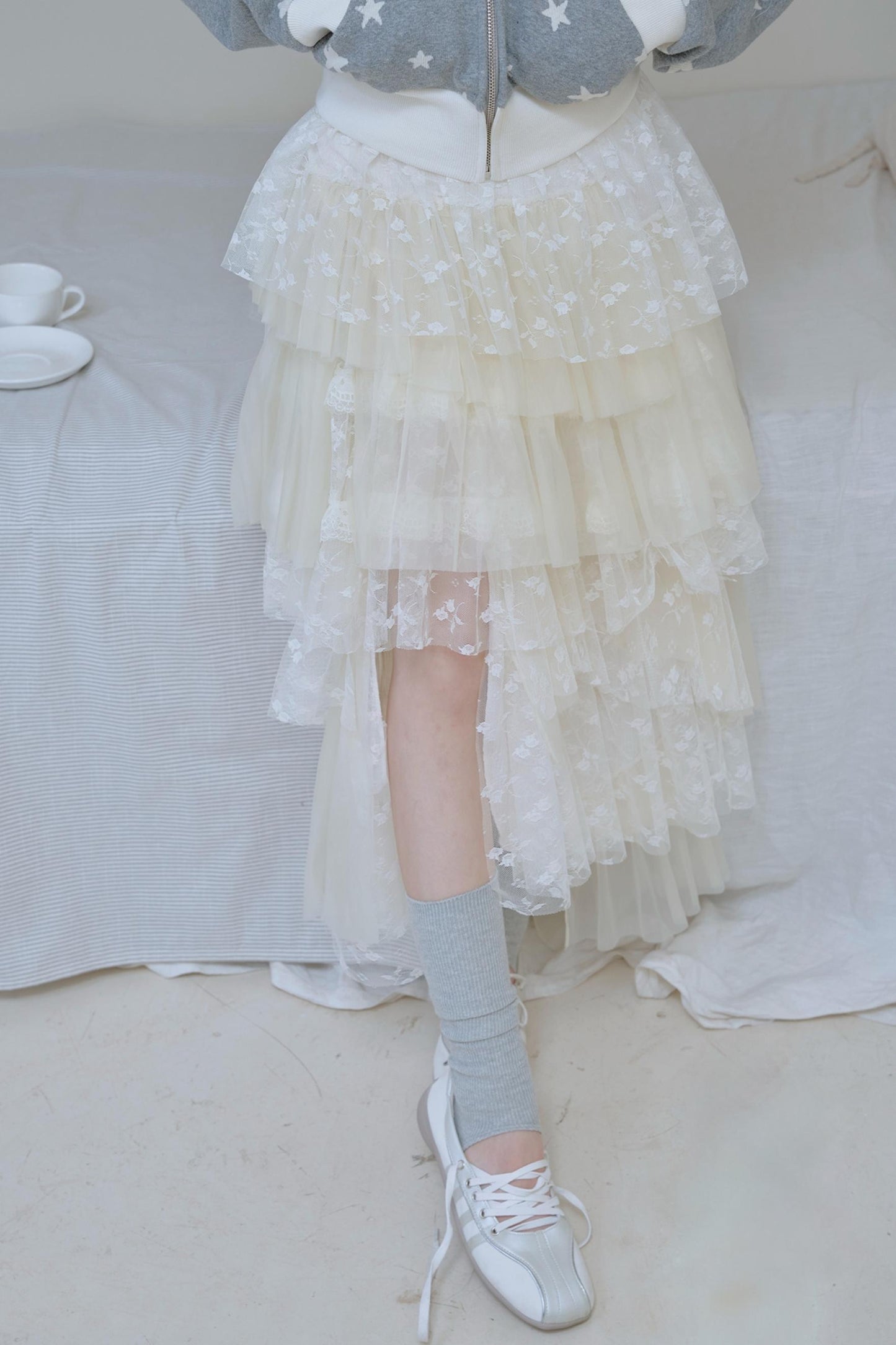 Beige Lace Patchwork Chiffon Skirt