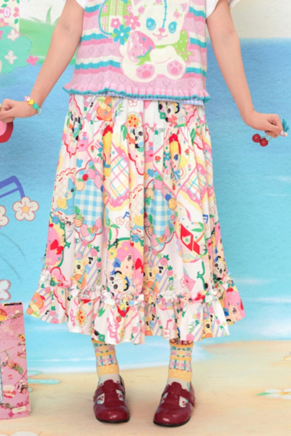 Retro Cartoon Print Lace Skirt