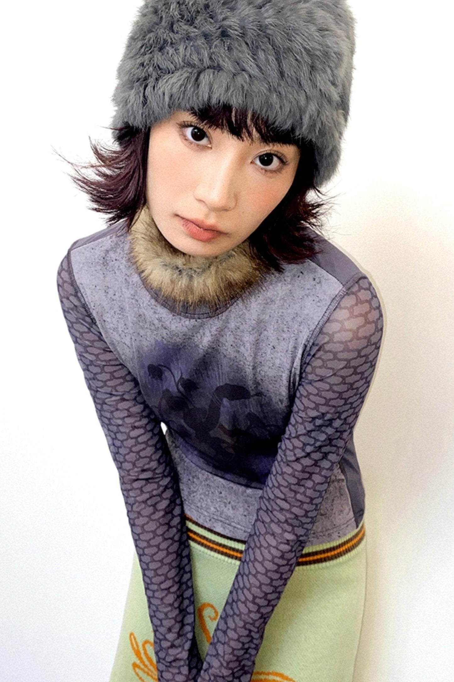 Graffiti Spliced Fur Collar Top