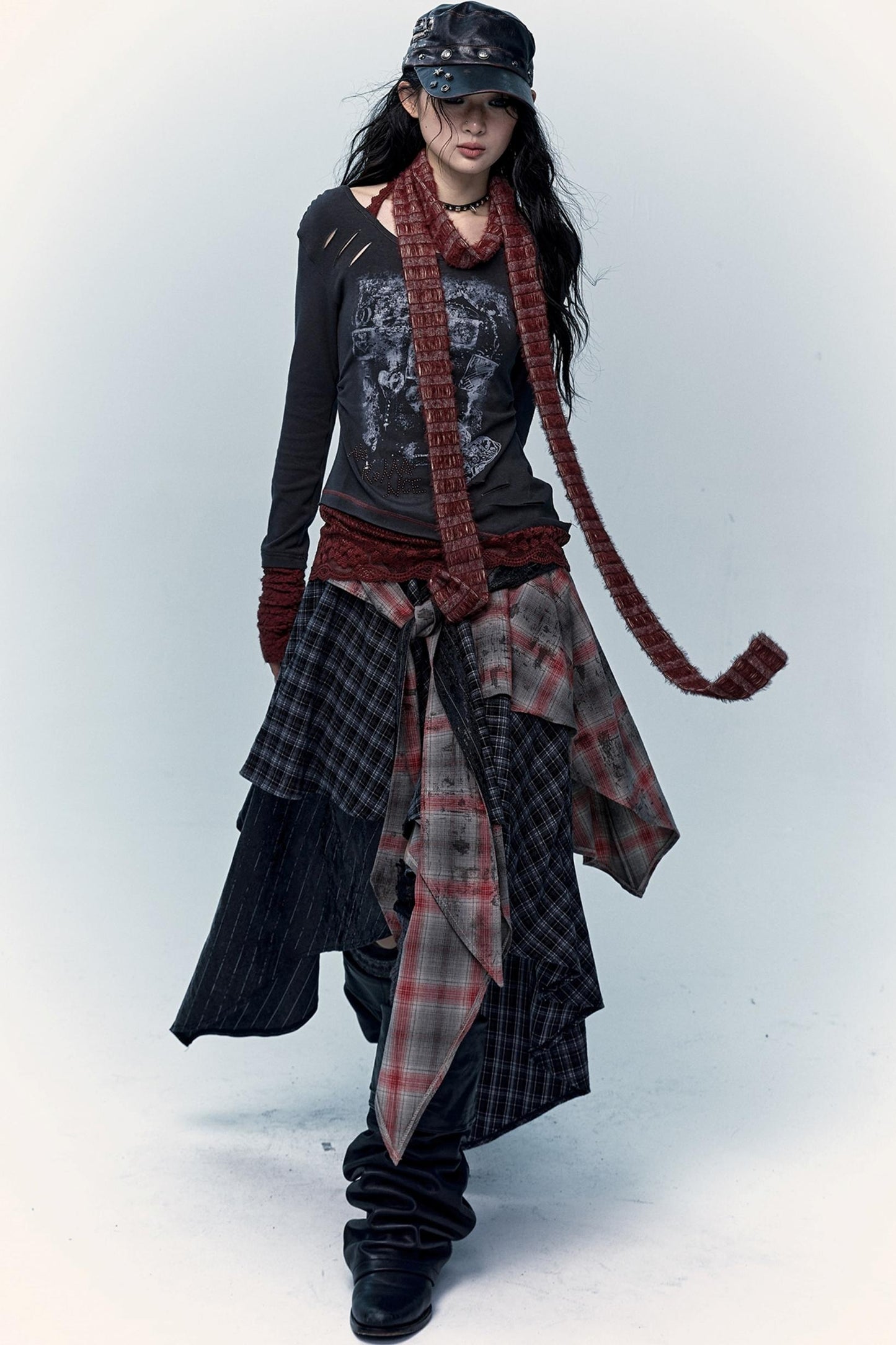 Multi-Layer Check Long Skirt