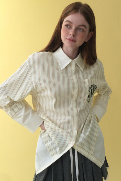 Beige Striped Embroidered Shirt